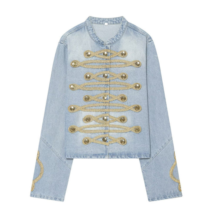 Damen Cropped Denim‑Militärblouson mit goldener Schnurverzierung Drune