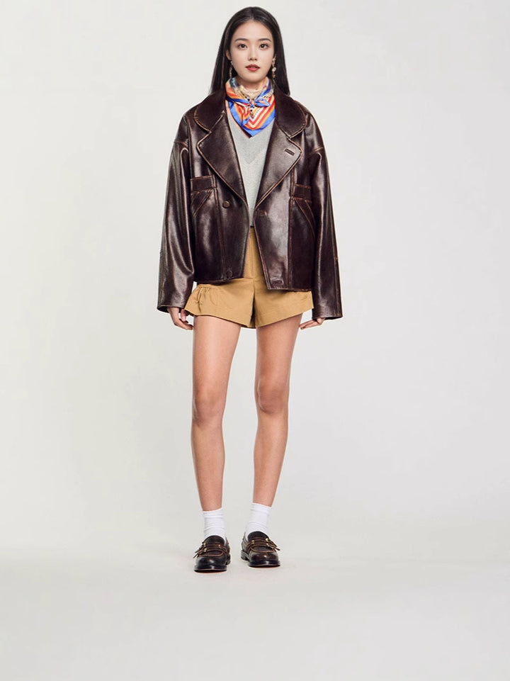 Damen Kunstlederjacke im lässigen Schnitt mit praktischen Taschen und stilvollem Revers Drune