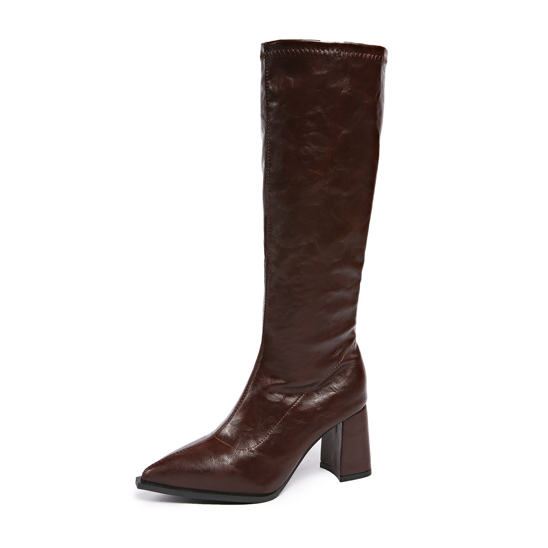 Damen hochmodische Stiefel mit blockiertem Absatz und spitzem Zehenbereich Drune