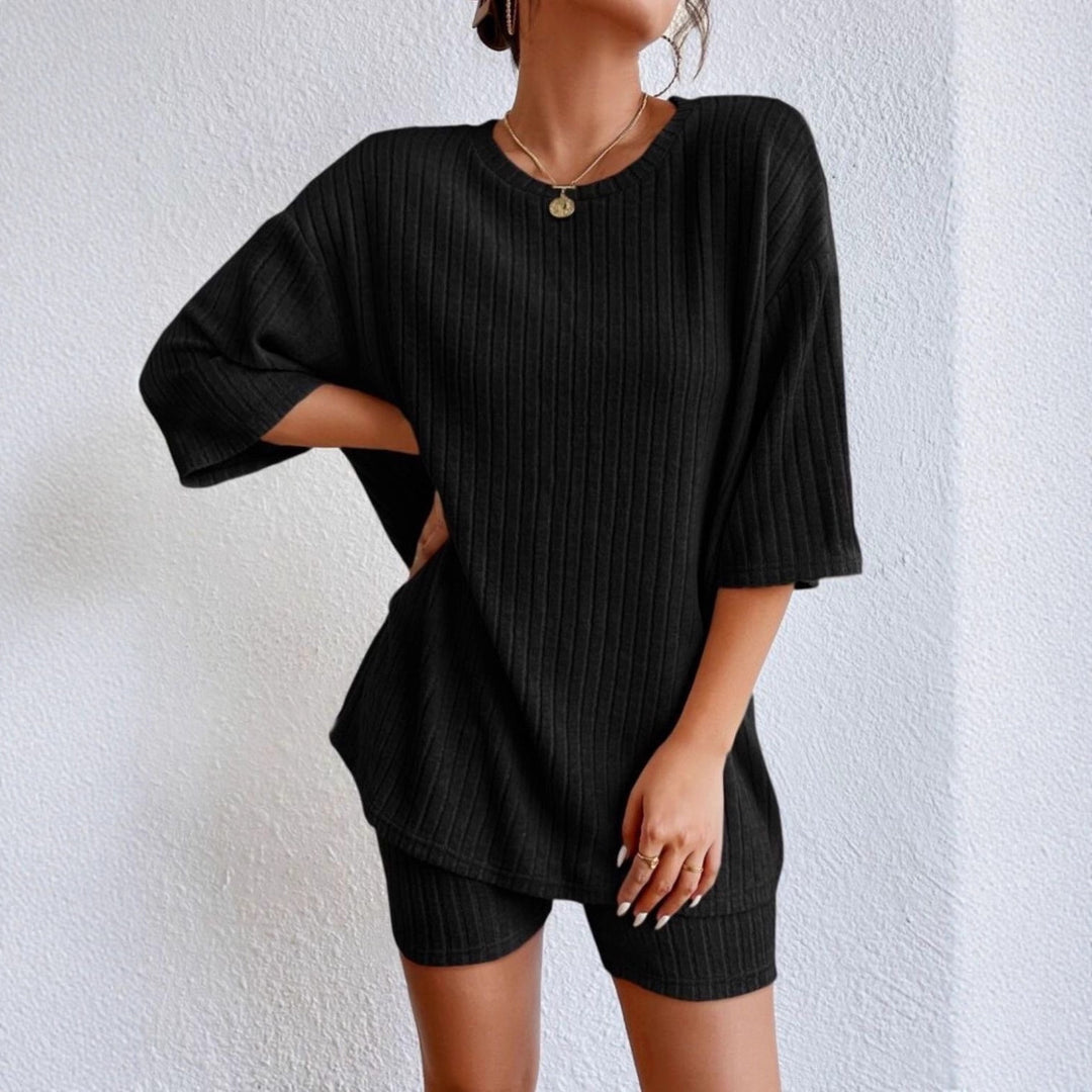 Damen Lässiges Rippstrick-Lounge-Set mit Oversize-Kurzarmoberteil und High-Waist-Biker-Shorts Drune