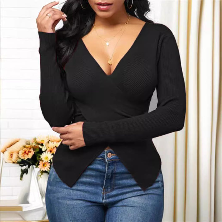 Damen elegantes Wickeloberteil mit strukturiertem Rippstoff und tiefem V-Ausschnitt Drune