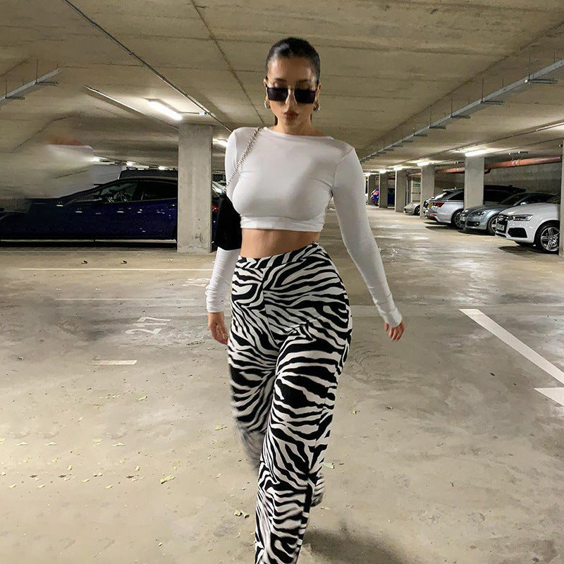 Damen Elegante Zebra-Print High-Waist Hose Drune
