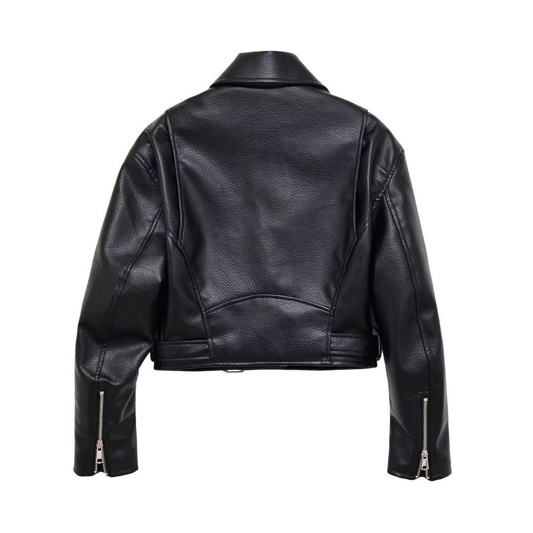 Damen Bikerjacke aus veganem Lederimitat mit asymmetrischem Reißverschluss und Taillengürtel Drune