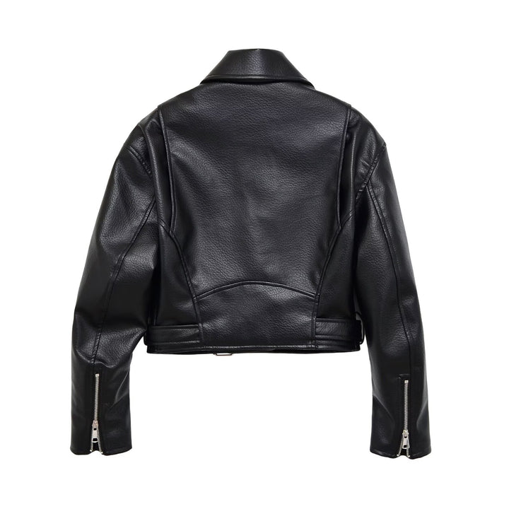 Damen Bikerjacke aus veganem Lederimitat mit asymmetrischem Reißverschluss und Taillengürtel Drune