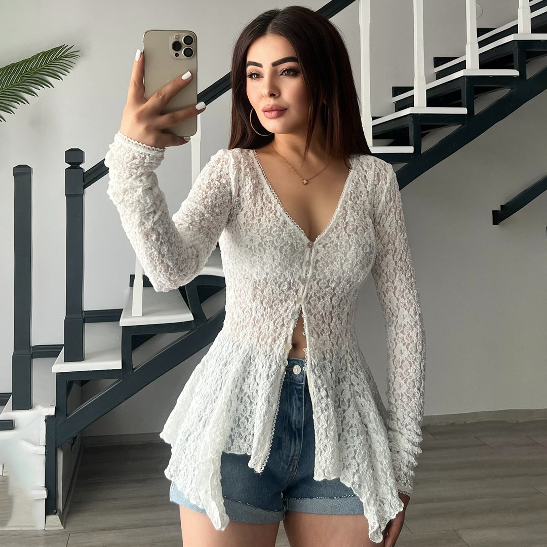 Damen Rüschenbluse aus feiner Spitze mit Knopfdetails Drune