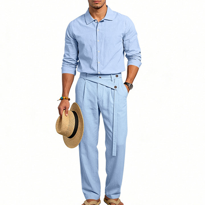 Herren nan eleganter Leinen-Zweiteiler mit Hemd und Hose mit hohem Bund und Bindegürtel Drune