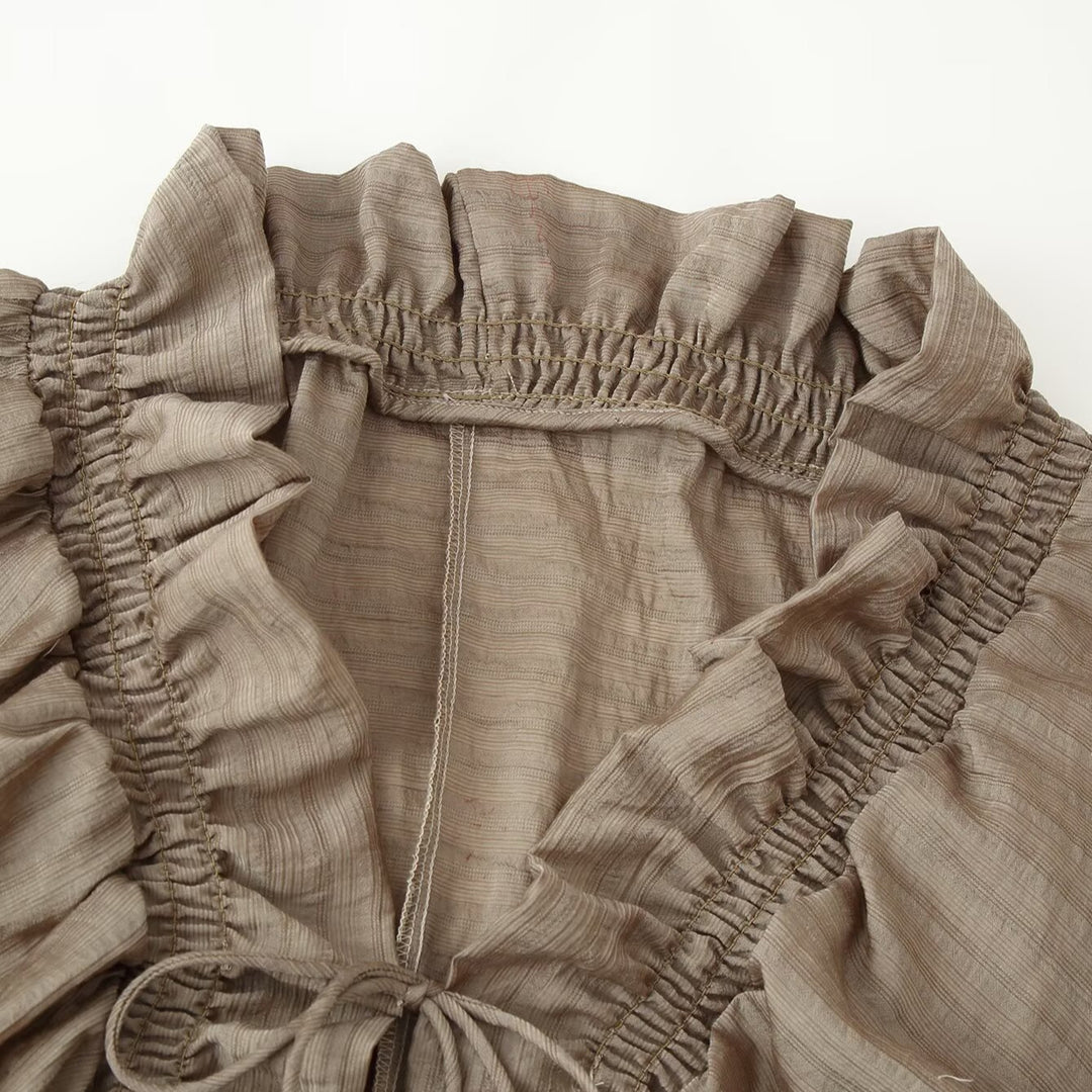 Damen Romantische Rüschenbluse im Boho-Stil mit Bindeband und gerafften Manschetten Drune