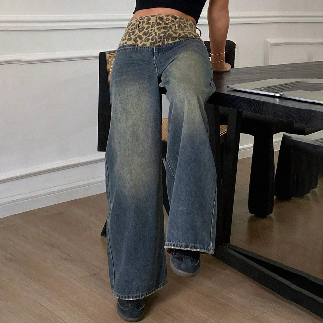 Damen Weit geschnittene Jeans mit Leopard-Hochbund Drune