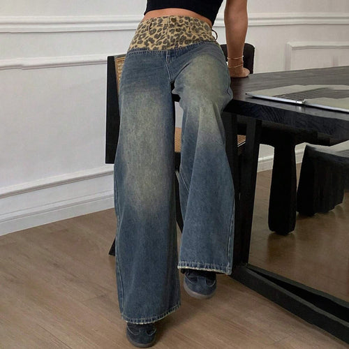 Damen Weit geschnittene Jeans mit Leopard-Hochbund Drune