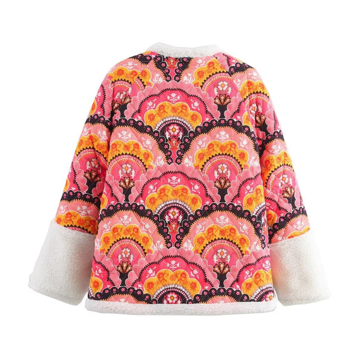 Damen nan gesteppte Kurzjacke mit Teddyfutter, Rundhalsausschnitt und Druckknopfverschluss Drune