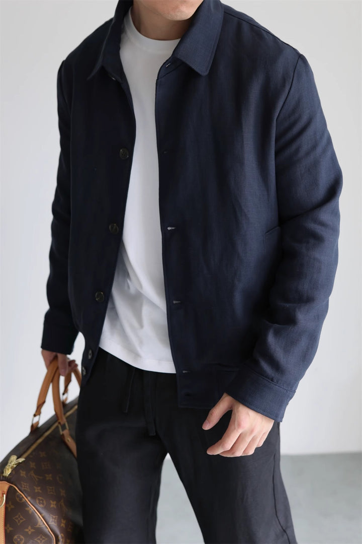 Herren Leichte Leinenjacke mit Hemdkragen und durchgehender Knopfleiste Drune