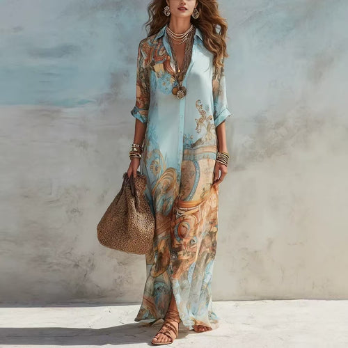 Damen Langarmshirt Kleid im Boho Barock Druck aus luftiger Chiffonqualität Drune