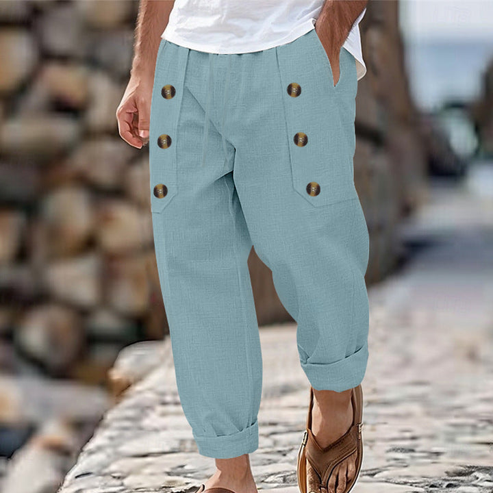 Herren Bequeme Leinenhose mit seitlichen Knöpfen und elastischem Bund Drune