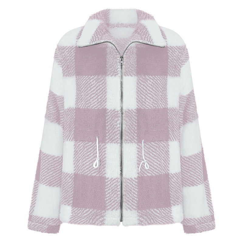 Damen kuschelige Oversize-Jacke mit kariertem Muster Drune