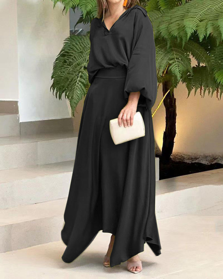 Damen Elegantes Maxikleid mit Kapuzen‑V‑Ausschnitt, Ballonärmeln und fließendem Saum Drune