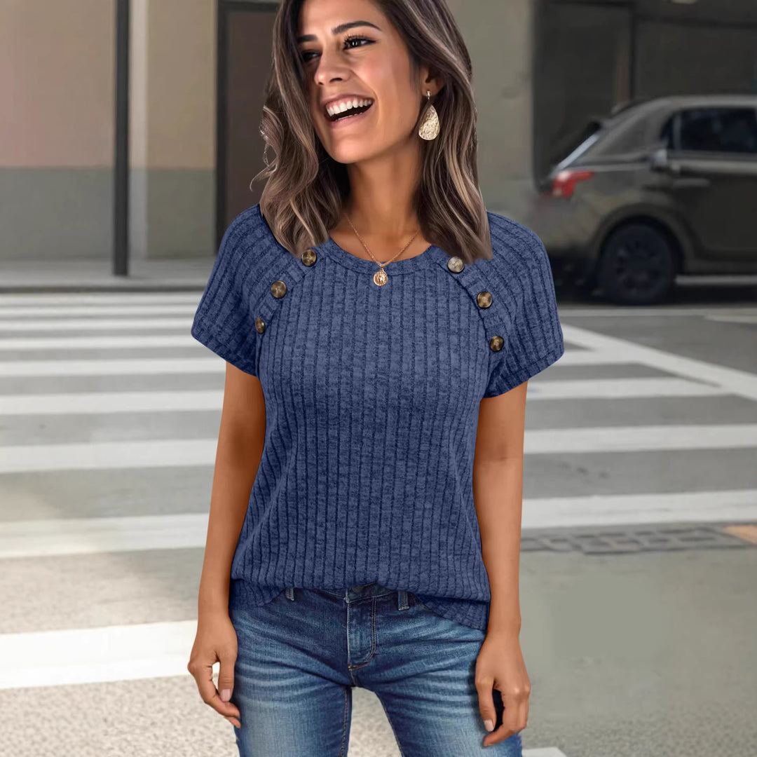 Damen lässiges Rippenstrick-T-Shirt mit Knöpfen Drune