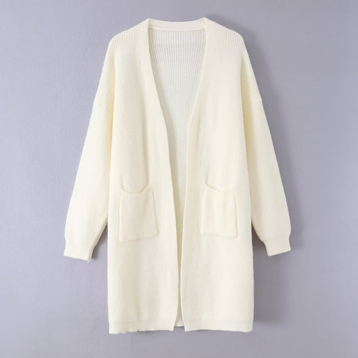 Damen Longline Strickcardigan mit aufgesetzten Taschen und offener Front Drune
