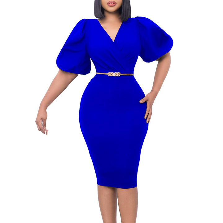 Damen Etui-Kleid mit eleganten Puffärmeln und modischem Taillengürtel Drune