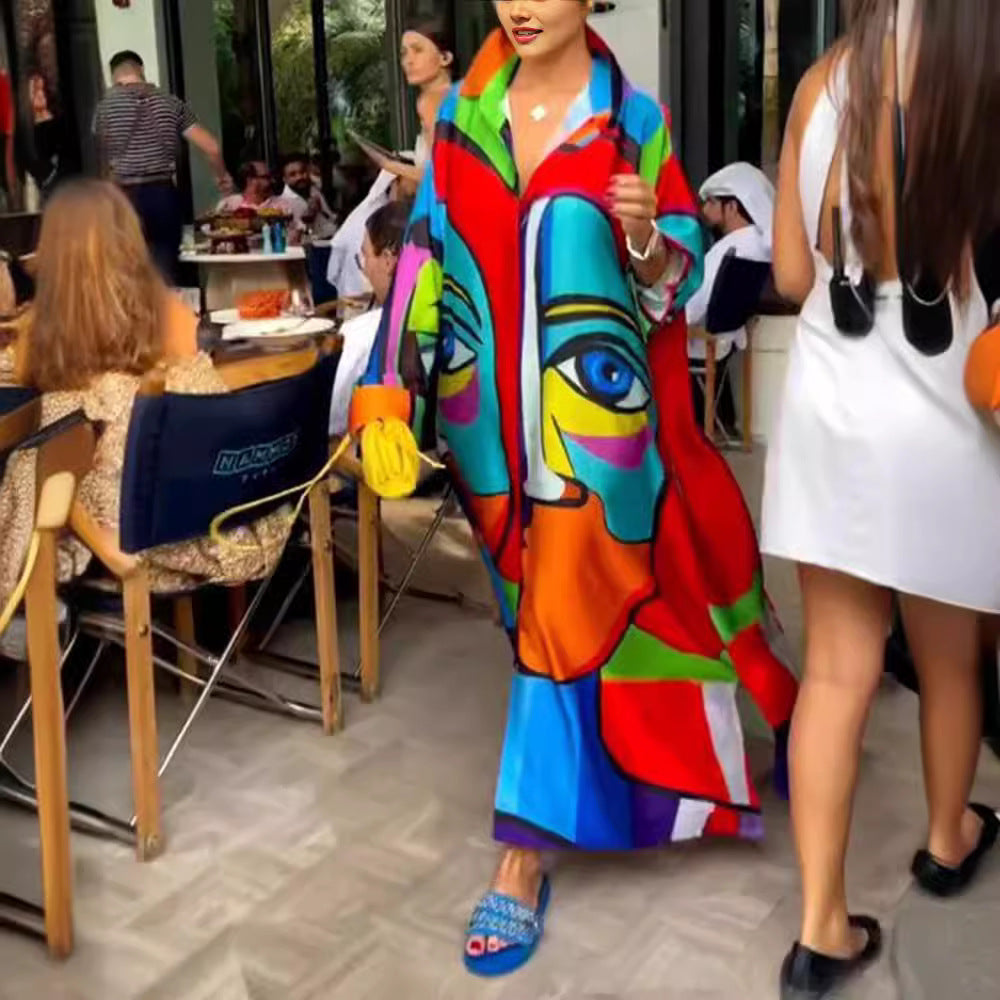 Damen nan Oversize-Hemdkaftan mit abstraktem Portraitprint und Hemdkragen Drune