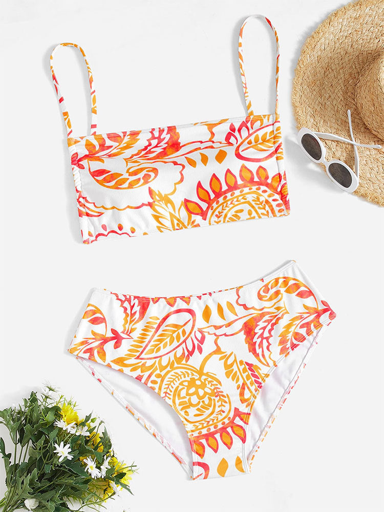 Damen Triangel-Bikini mit fröhlichem Blumenmuster und eleganten Rüschendetails Drune