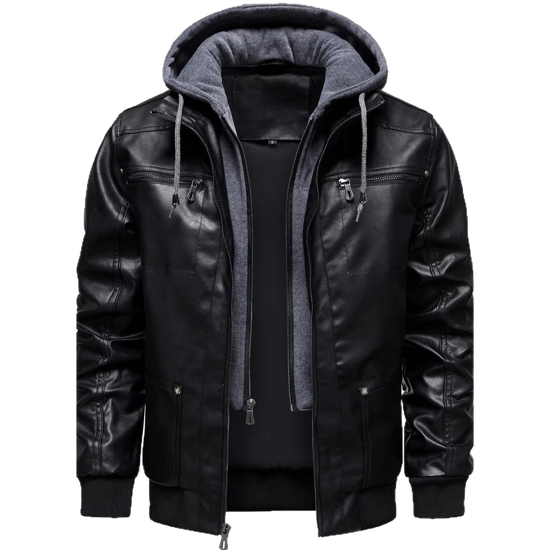 Herren Sportliche Lederjacke mit Kapuze Drune