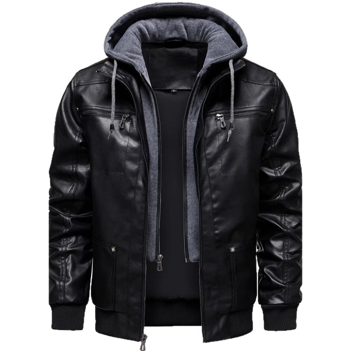 Herren Sportliche Lederjacke mit Kapuze Drune
