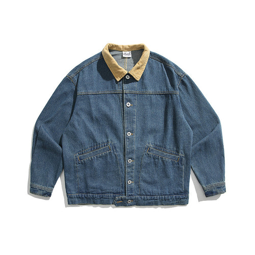 Unisex Boxy-Jeansjacke mit Cordkragen, Druckknopfleiste und Eingrifftaschen Drune