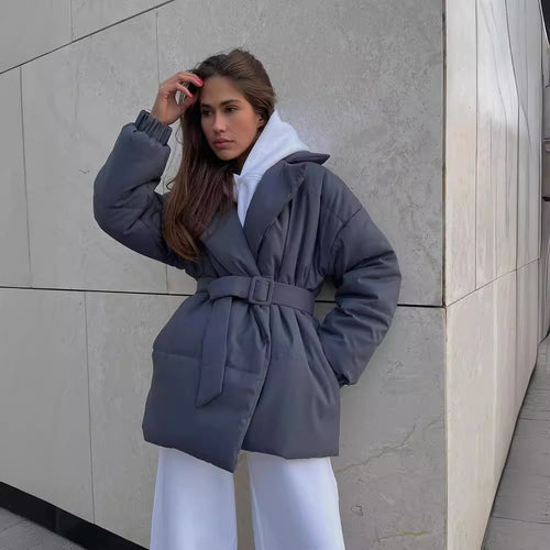 Damen Wattierte Taillierte Steppjacke mit Gürtel und Kapuze Drune