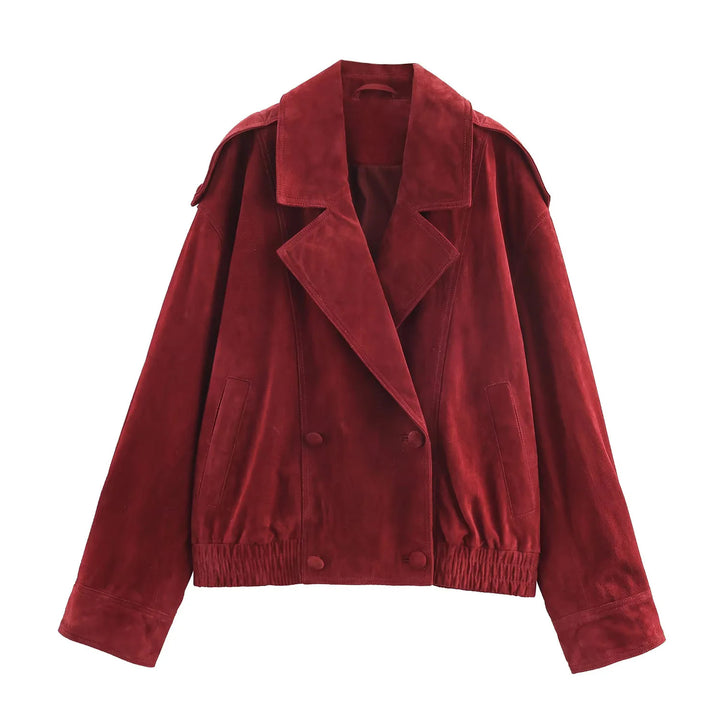 Damen nan oversized Wildlederoptik-Bomberjacke mit großem Schalkragen, Doppelreiher und elastischem Saum Drune