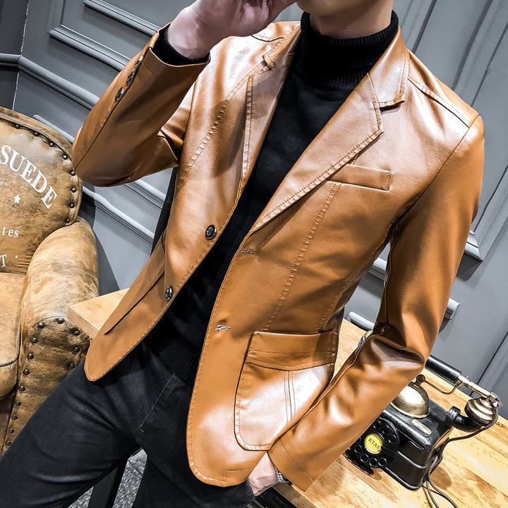 Herren Lässiges Slim-Fit Kunstleder-Sakko mit Reverskragen und aufgesetzten Taschen Drune