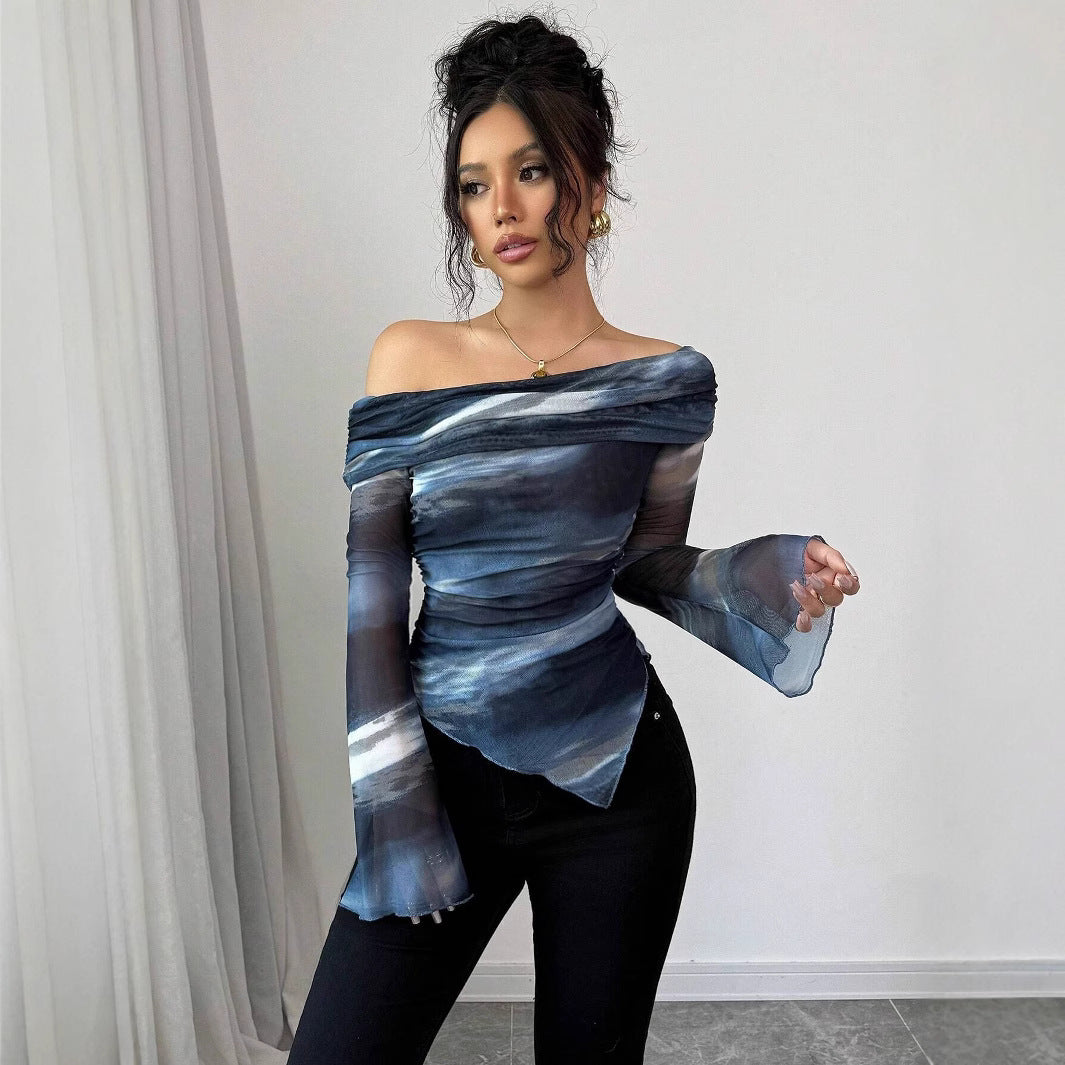 Damen nan schulterfreies Mesh-Wickeltop mit asymmetrischem Zipfelsaum und langen ausgestellten Ärmeln Drune
