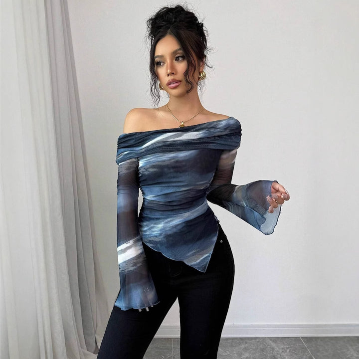 Damen nan schulterfreies Mesh-Wickeltop mit asymmetrischem Zipfelsaum und langen ausgestellten Ärmeln Drune