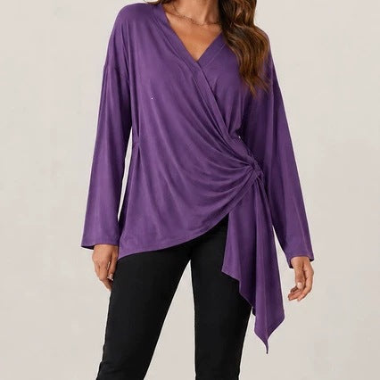 Damen Wickelshirt mit seitlicher Knotenpartie, V‑Ausschnitt und asymmetrischem Saum Drune