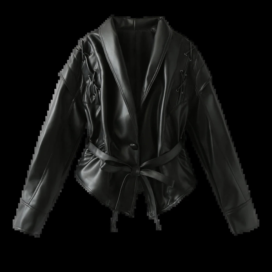 Damen nan Veloursoptik Blazerjacke mit Schalkragen, Schnürbesatz an den Schultern und taillierendem Bindegürtel Drune