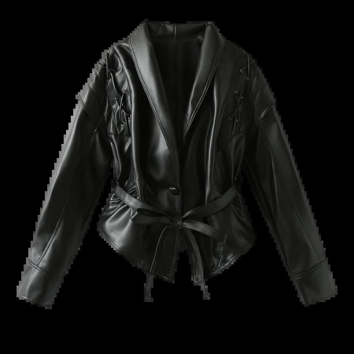 Damen nan Veloursoptik Blazerjacke mit Schalkragen, Schnürbesatz an den Schultern und taillierendem Bindegürtel Drune