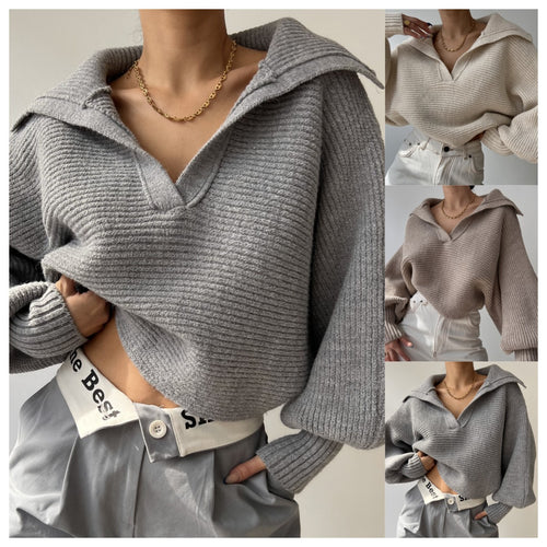 Damen kurzes geripptes Strickpullover mit weitem Matrosenkragen und Ballonärmeln Drune