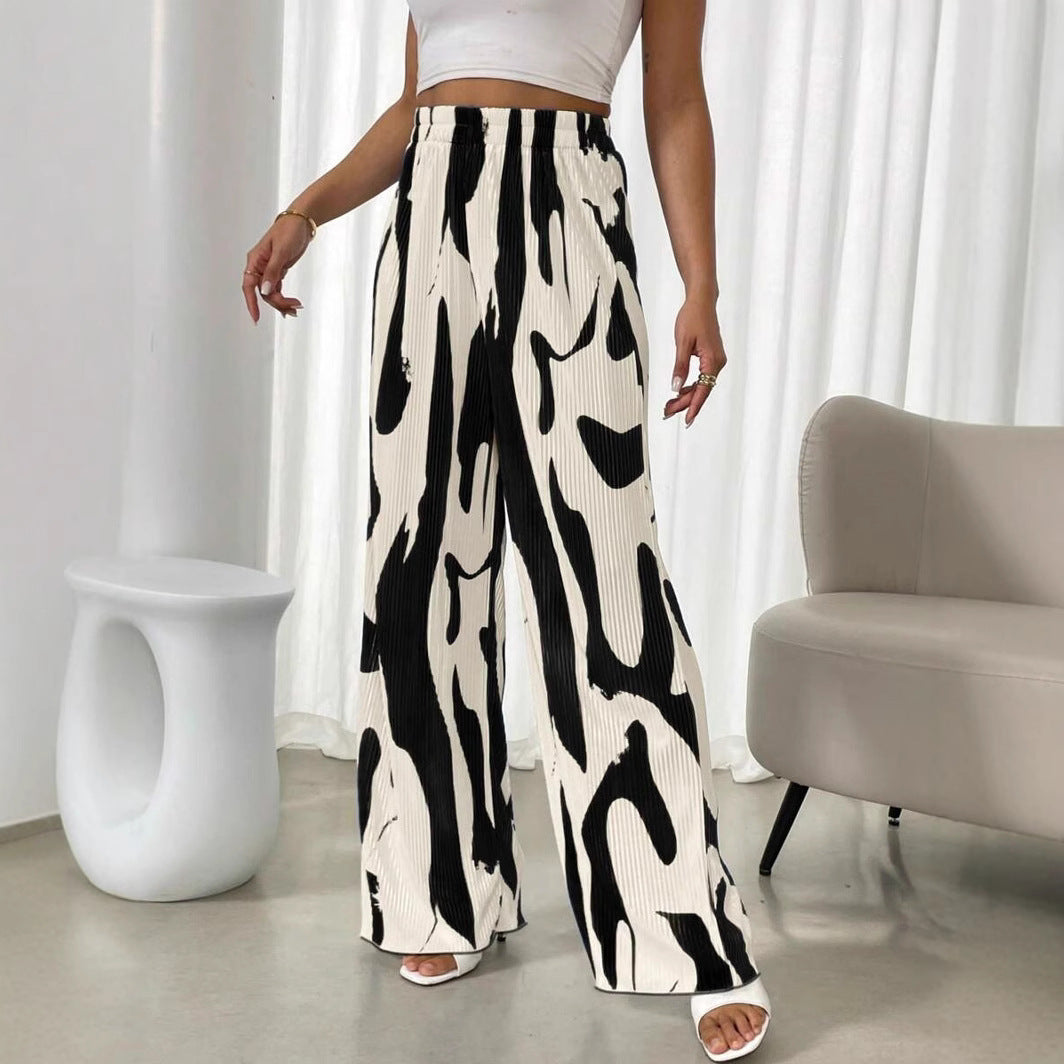 Damen weite Plisseehose mit elastischem Bund und modischem Muster Drune