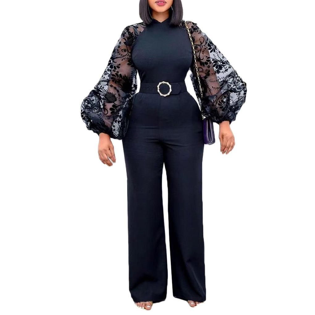Damen Jumpsuit mit eleganten Puffärmeln und Taillengürtel Drune