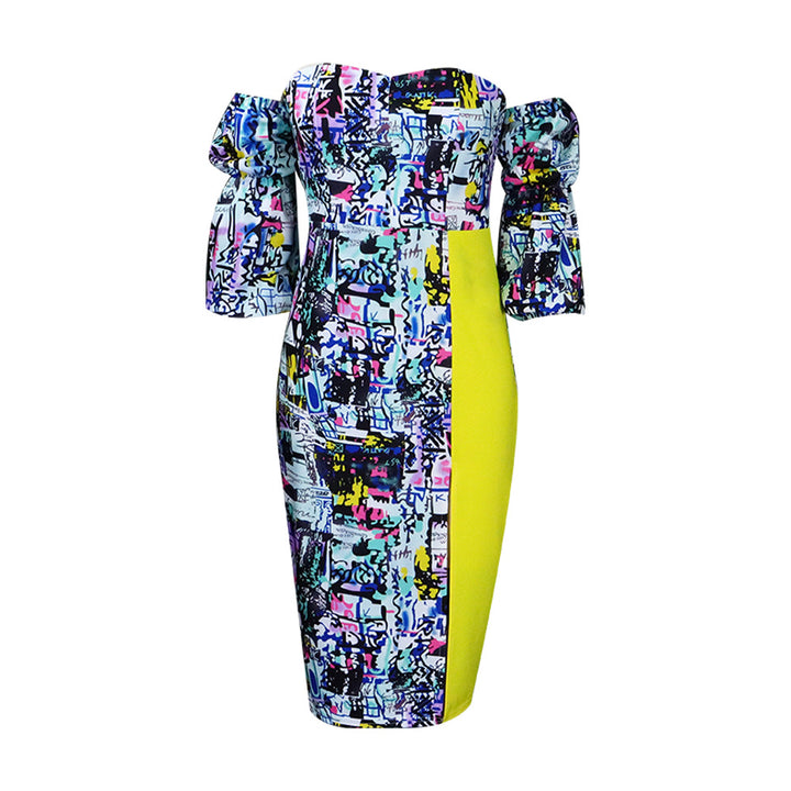 Damen Off-Shoulder Kleid mit weiten Ärmeln und graffitistischem Muster Drune