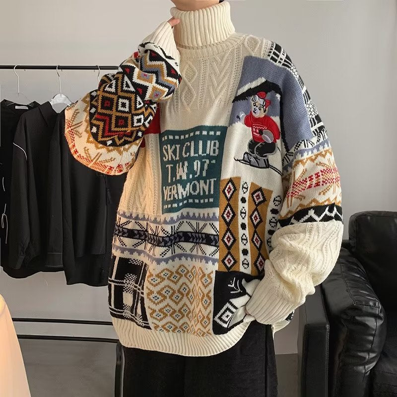 Damen modischer Oversized-Pullover mit kreativem Muster und hohem Kragen Drune