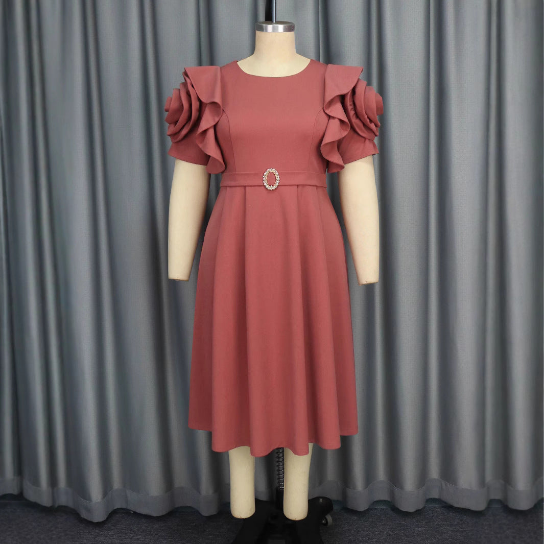 Damen Elegantes Midi-Kleid mit voluminösen Rüschenärmeln und funkelndem Schmuckdetail Drune