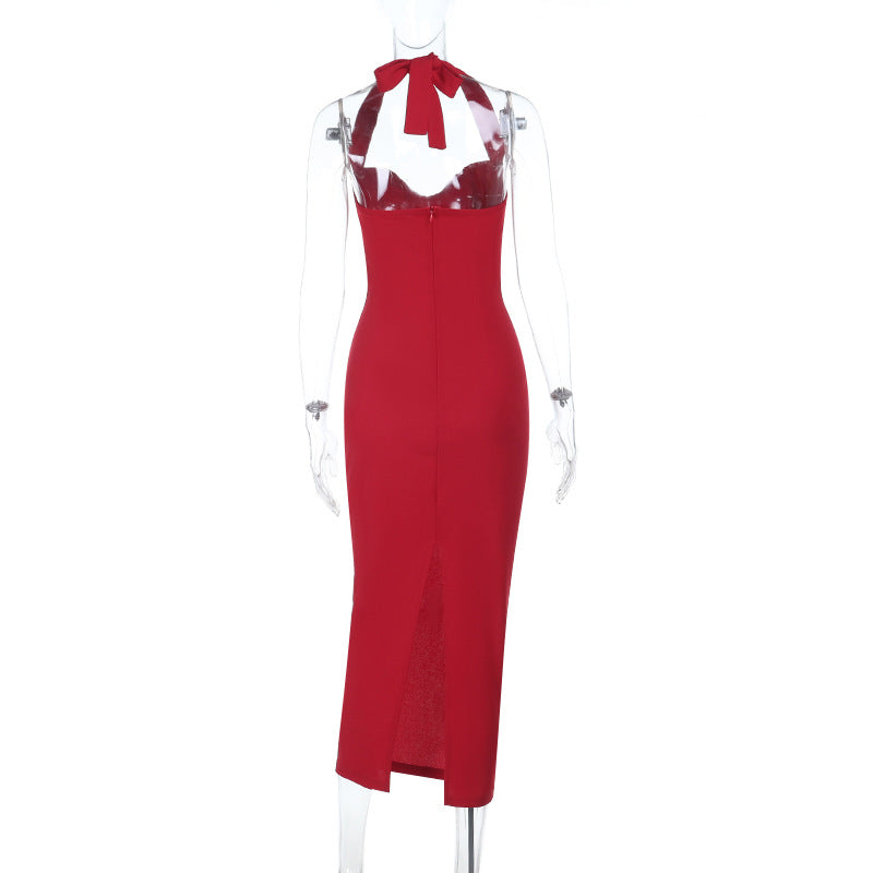 Damen stilvolles A-Linien Kleid mit Halterneck und figurbetontem Schnitt Drune