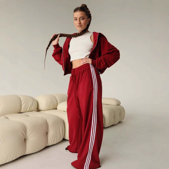 Damen lässiger Freizeit-Jogginganzug mit cropped Sweatjacke und weiten Hosen Drune