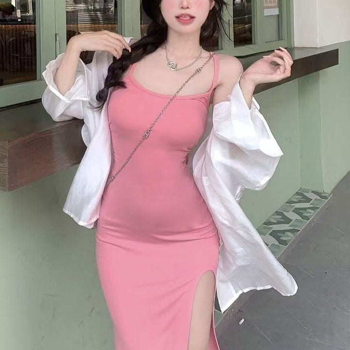 Damen figurbetontes Midi-Kleid mit Spaghetti-Trägern und hohem Schlitz Drune