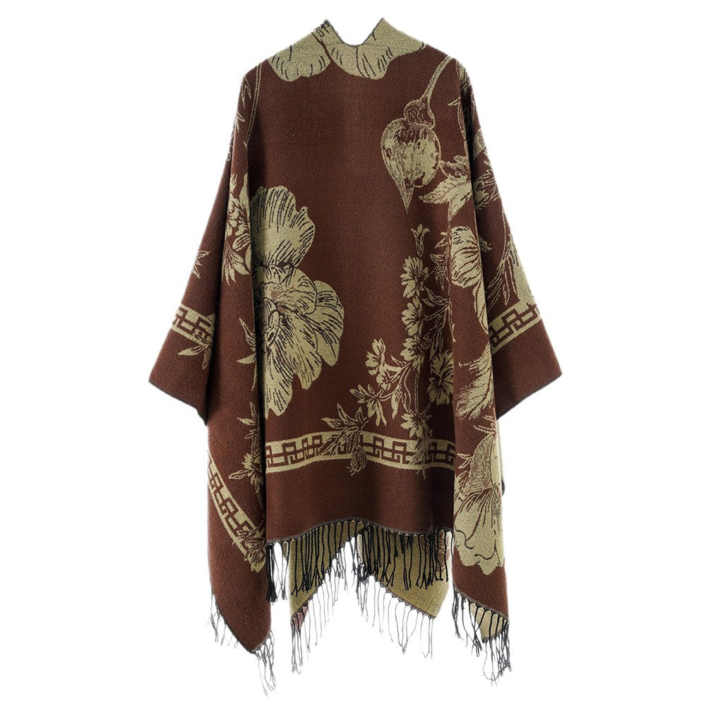Damen Leichter Jacquard‑Poncho mit floralem Allovermuster, asymmetrischem Zipfelsaum und Fransen Drune