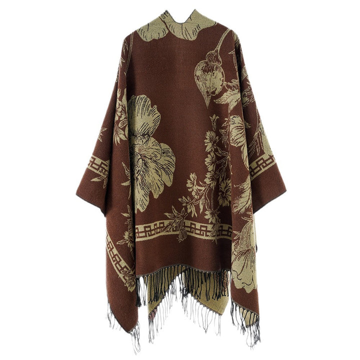 Damen Leichter Jacquard‑Poncho mit floralem Allovermuster, asymmetrischem Zipfelsaum und Fransen Drune