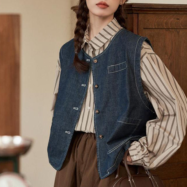 Damen Denim-Weste mit Knopfverschluss und Taschen Drune