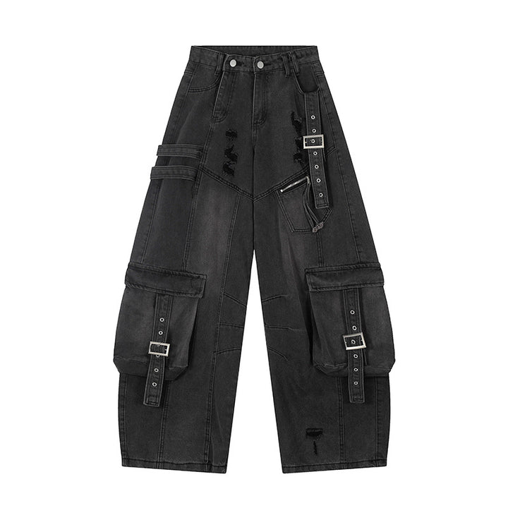 Damen weite Jeans-Cargo-Culotte mit taktischen Taschen, Gurtapplikationen und Used-Details Drune