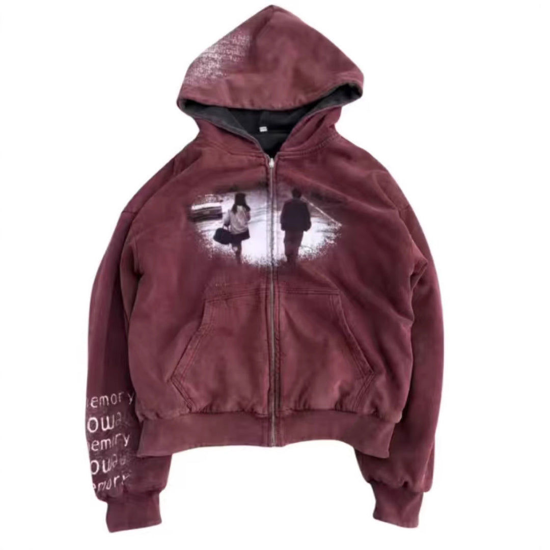 Unisex nan Kapuzenjacke mit durchgehendem Reißverschluss, Used‑Effekt, doppellagiger Kapuze und Ärmeldruck Drune