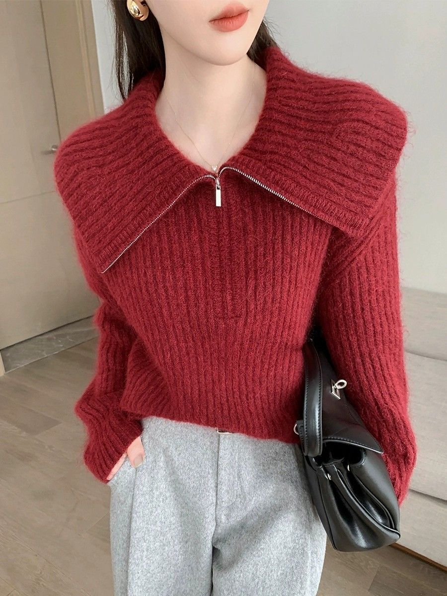 Damen Strickpullover mit großem Kragen und Reißverschluss Drune